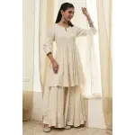 BIBA-Off-White Cotton Embroidered Flared Suit Set