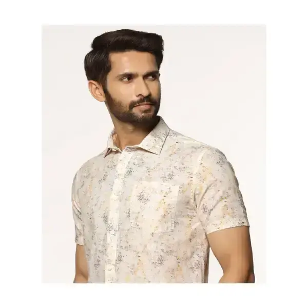 BLACKBERRYS-Linen Casual Half Sleeve Beige Printed Shirt - Gabin