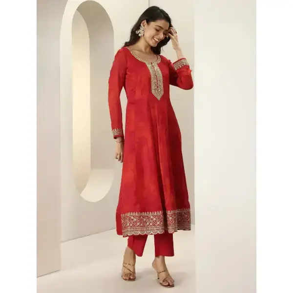 Libas-Orange Printed Silk Blend Anarkali Suit Sets With Dupatta