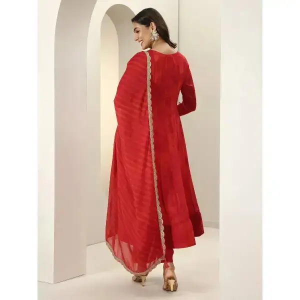 Libas-Orange Printed Silk Blend Anarkali Suit Sets With Dupatta