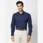 Raymond-Park Avenue Blue Solid Slim Fit Cotton Blend Formal Shirt
