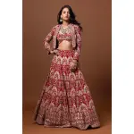 SEASONS-RED CLASSIC BRIDAL LEHENGA SET WITH ALL OVER PATTERNED THREAD WORK PAIRED WITH A MATCHING CROPPED JACKET AND SEQUIN DETAILS.
