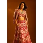 SEASONS-RED CLASSIC BRIDAL LEHENGA SET WITH ALL OVER PATTERNED THREAD WORK PAIRED WITH A MATCHING CROPPED JACKET AND SEQUIN DETAILS.