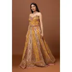 SEASONS-MUSTARD YELLOW CLASSIC GOWN SET WITH ALL OVER MULTI COLOURED THREAD WORK PAIRED WITH A MATCHING DUPATTA AND GOLD SEQUIN DETAILS.