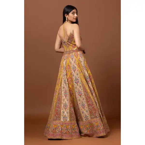 SEASONS-MUSTARD YELLOW CLASSIC GOWN SET WITH ALL OVER MULTI COLOURED THREAD WORK PAIRED WITH A MATCHING DUPATTA AND GOLD SEQUIN DETAILS.