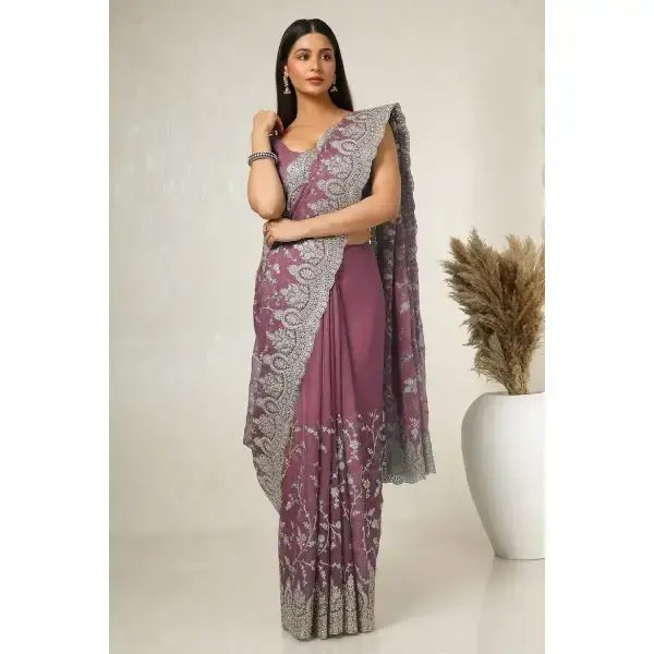 Soch-Onion Pink Chiffon Embroidered Saree With Beads And Stones
