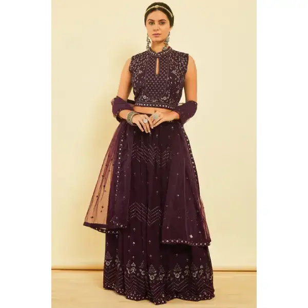 Soch-Wine Sequins Embellished Georgette Lehenga Choli with Dupatta