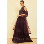 Soch-Wine Sequins Embellished Georgette Lehenga Choli with Dupatta